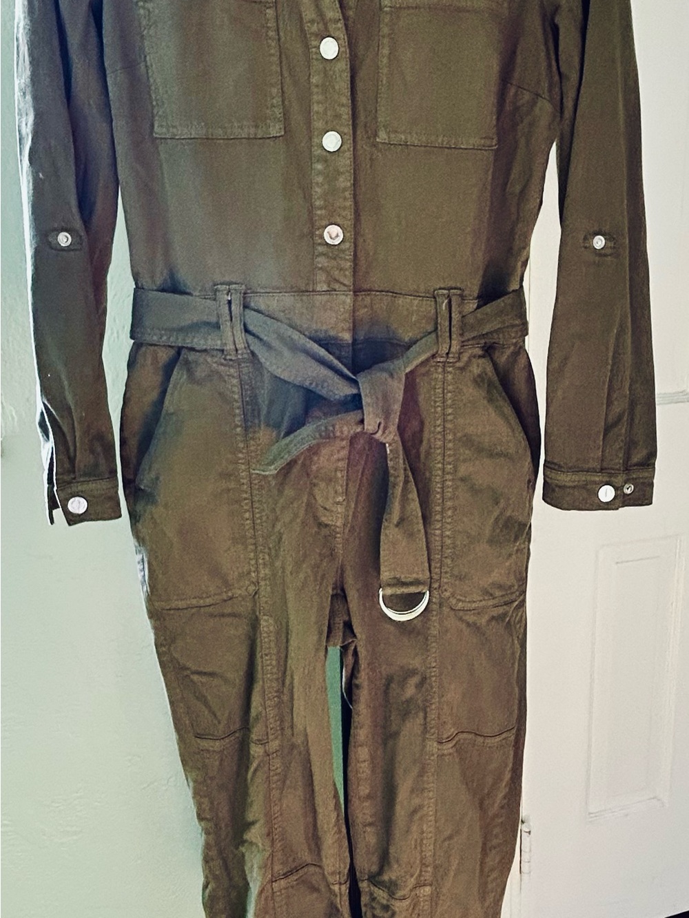 White House Black Market Olive Utility Jumpsuit with Tie Belt